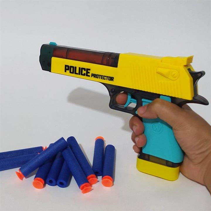 اسباب بازی تفنگ دو کاره آبپاش و تیر فومی طرح پلیس رنگ زرد موجود